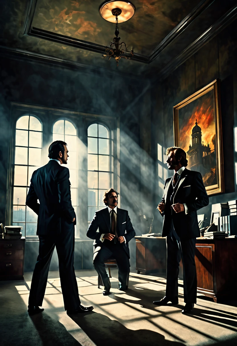 Scene with two men in suits in an office of a building arguing , dark fantasy style from the 70s, with intense German-style romantic painting. Shadows and spectacular lighting.