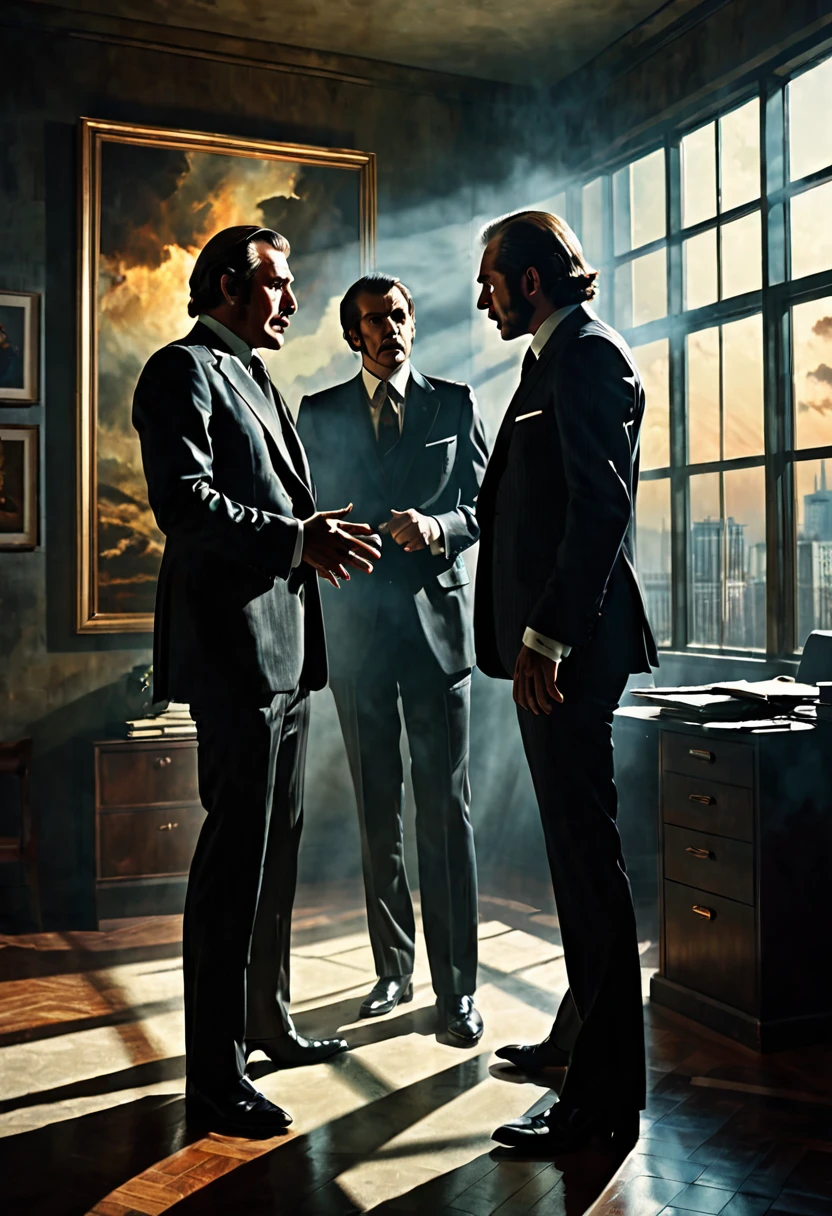 Scene with two men in suits in an office of a building arguing  , dark fantasy  style from the 70s, with intense German-style romantic painting. Shadows and spectacular lighting.
