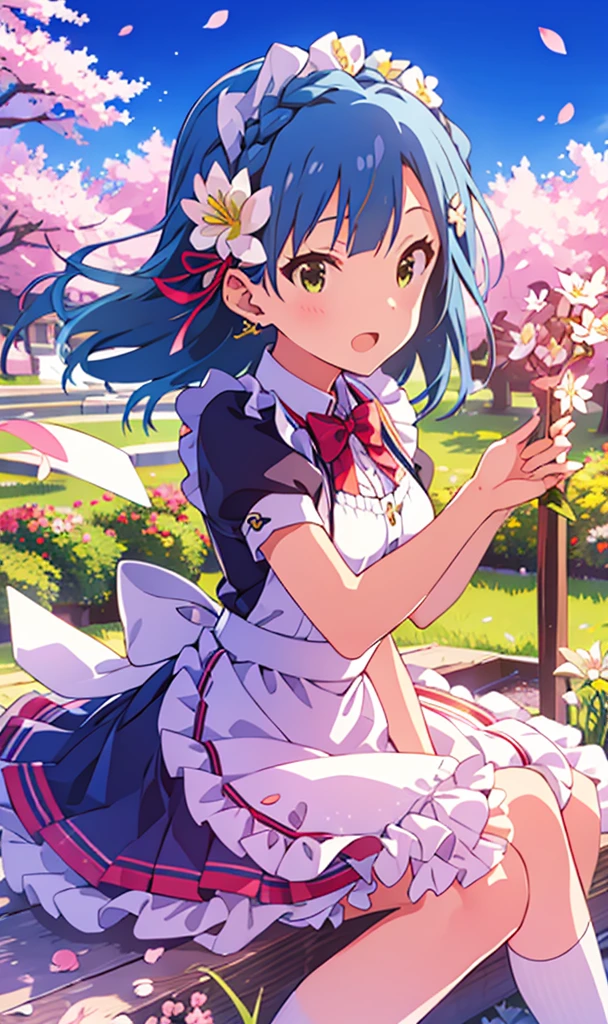 yuriko nanao (million live), (best quality, 8K, masterpiece, ultra detailed:1.2), cinematic angle,
flowery meadow, sparkle, light particles, garden,
1girl, solo, maid, maid headdress, apron,  weapon, earring, cute, floating petals, lily hair ornament, staning, skirt lift, cherry blossoms,