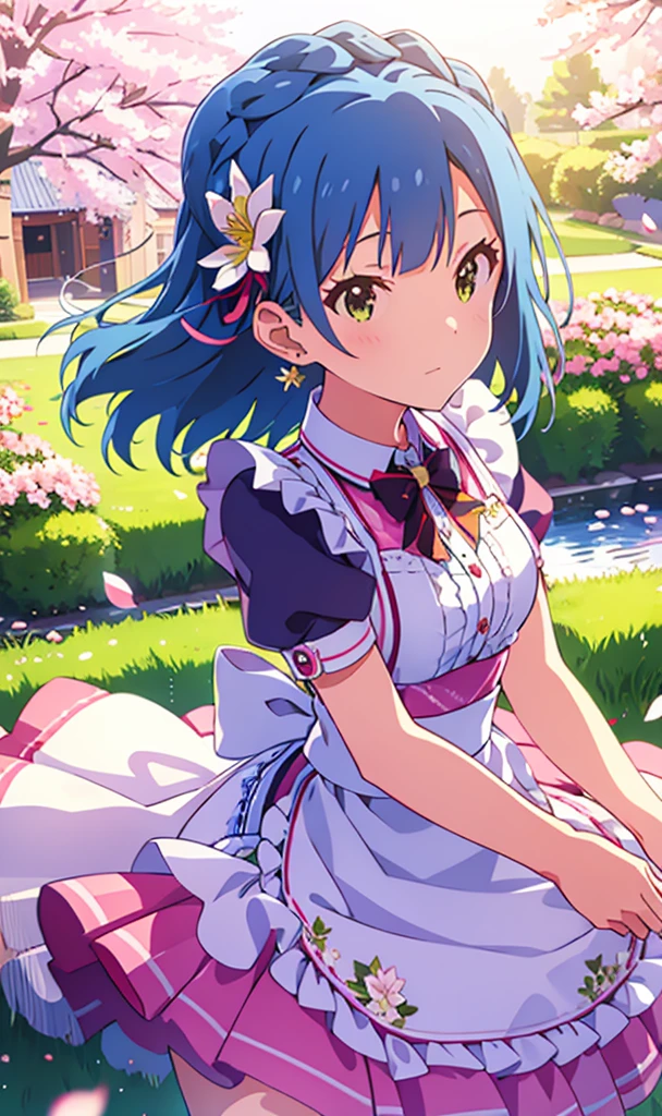 yuriko nanao (million live), (best quality, 8K, masterpiece, ultra detailed:1.2), cinematic angle,
flowery meadow, sparkle, light particles, garden,
1girl, solo, maid, maid headdress, apron, weapon, earring, cute, floating petals, lily hair ornament, staning, skirt lift, cherry blossoms,