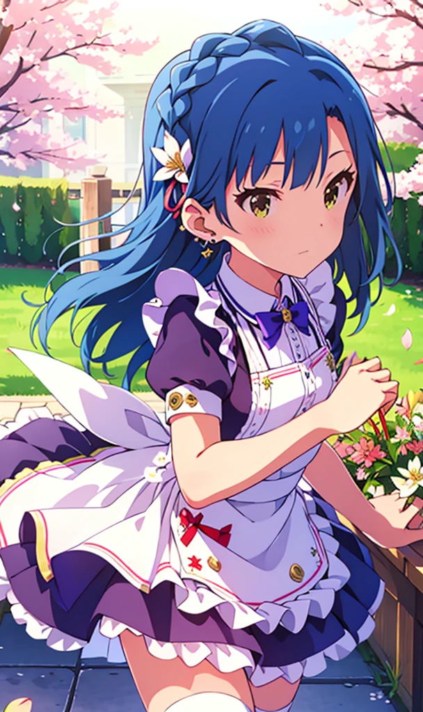 yuriko nanao (million live), (best quality, 8K, masterpiece, ultra detailed:1.2), cinematic angle,
flowery meadow, sparkle, light particles, garden,
1girl, solo, maid, maid headdress, apron,  weapon, earring, cute, floating petals, lily hair ornament, staning, skirt lift, cherry blossoms,