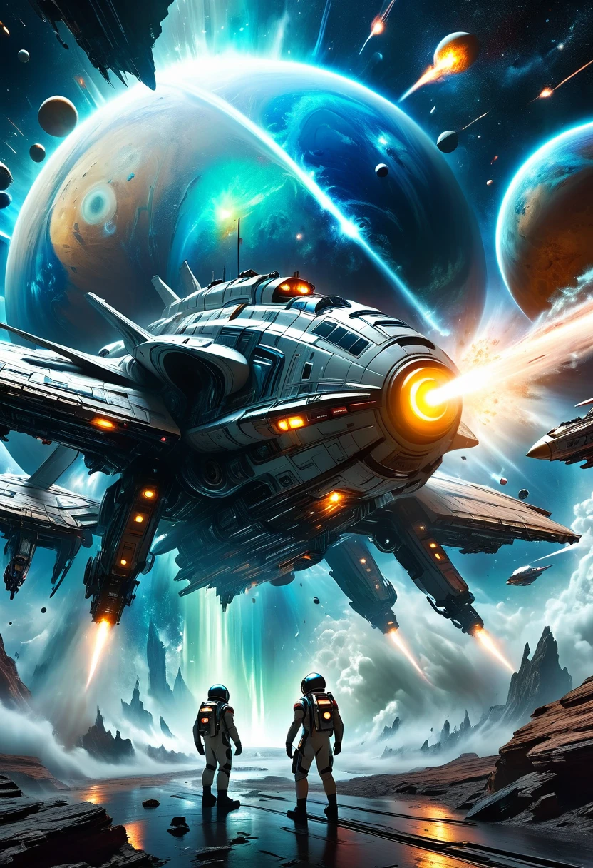 An intense futuristic space battle between astronauts and alien alien spaceship, Have a giant planet, Rotating cosmic energy, Advanced Alien Technology, Glowing spaceship, Explosive Action, Dramatic Lighting, Complex mechanical design, Realistic textures, Volumetric Fog, Photographic angle, vibrant color palette, and a sense of epic scale and grandeur