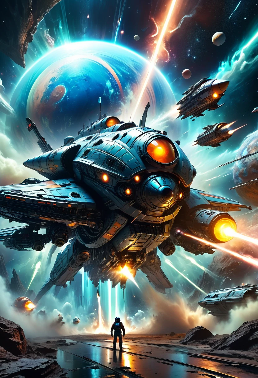 An intense futuristic space battle between astronauts and alien alien spaceship, Have a giant planet, Rotating cosmic energy, Advanced Alien Technology, Glowing spaceship, Explosive Action, Dramatic Lighting, Complex mechanical design, Realistic textures, Volumetric Fog, Photographic angle, vibrant color palette, and a sense of epic scale and grandeur