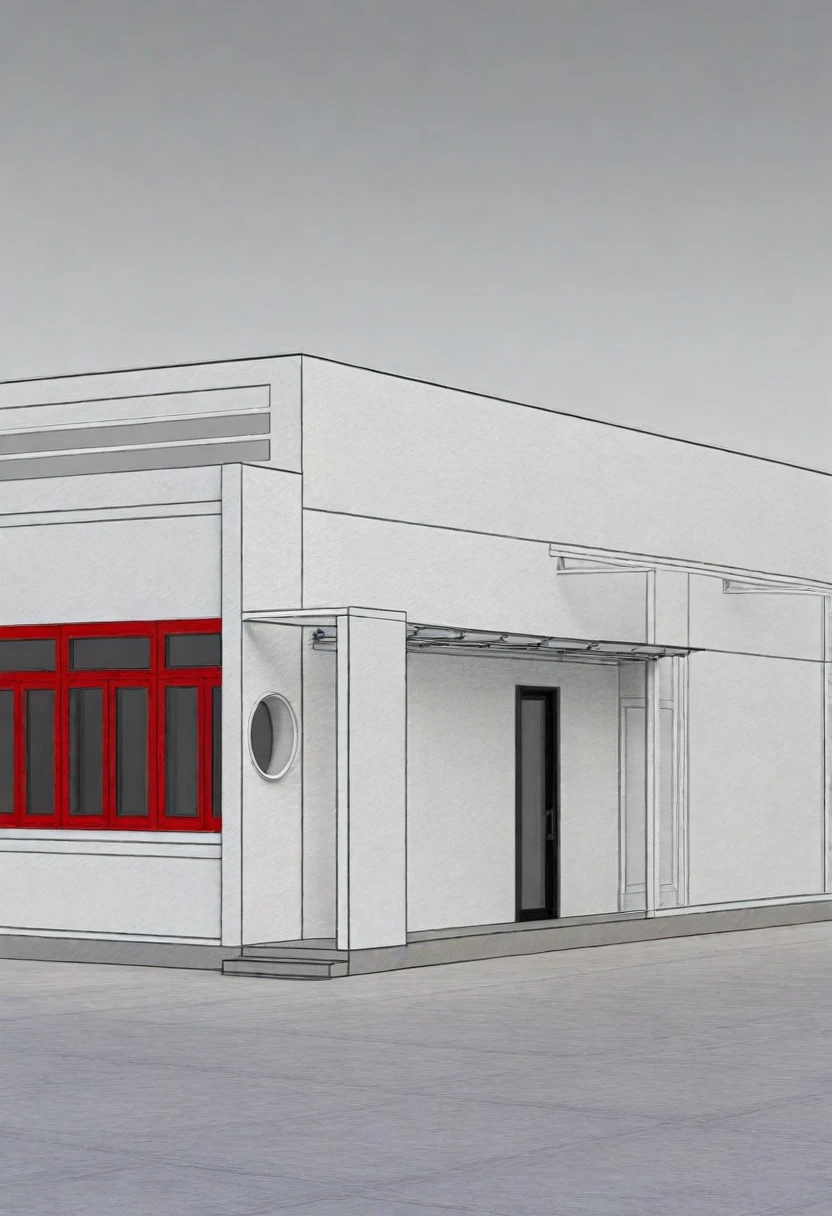 a rendering of a small building with a red door and windows, front-view, sketch - up, front perspective, digital rendering, frontview, 2 d render, a digital rendering, 3 / 4 view, 3/4 view, digitally drawn, conceptual, 3d rendering, 3 d rendering, rendered 3d model, concept image, concept illustration