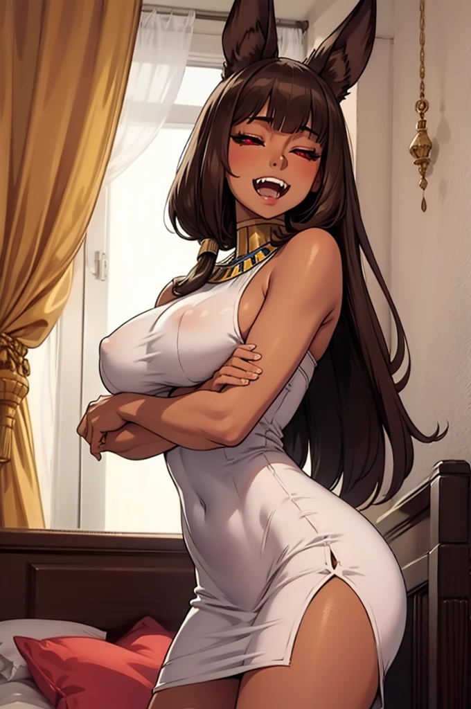 ((masterpiece, egypt themed)), 1girl, solo, upper art, brown hair, very long hair, very straight hair, red eyes, looking at viewer, nonchalant face, white sexy dress, anubis ears, egypt bedroom background, giant breasts, bangs, looking to side, side pose, ((dark skin)), brown skin, dog fangs, laughing, almost closed eyes,