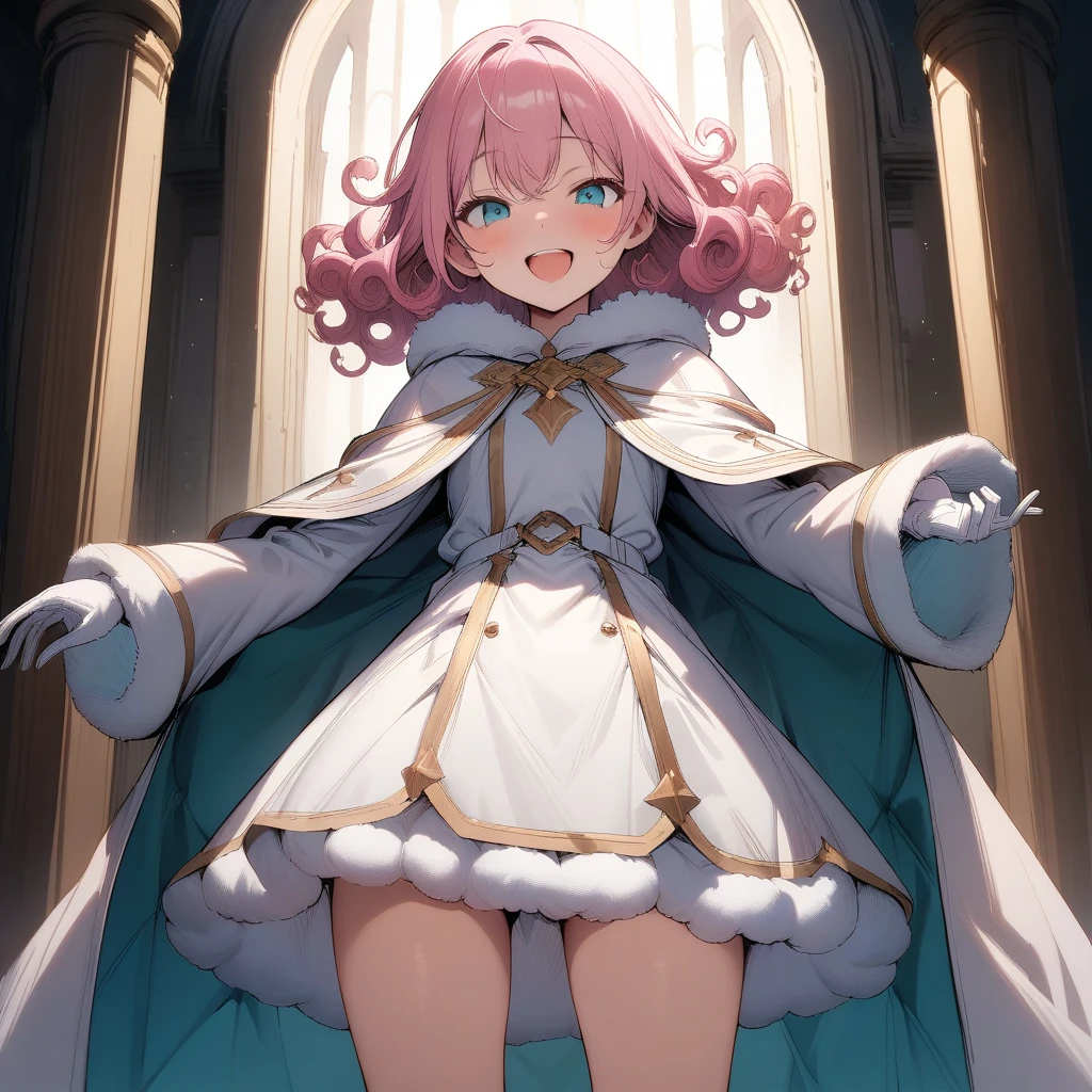 (masterpiece),(best quality),very aesthetic,(ultra-detailed),(illustration),nsfw,1girl,18yo,slender,pink hair,curly hair,Hair is frizzy upward.,short hair,disheveled hair,aqua blue eyes,enjoyable,smile,open mouth,happy,humble,white wizard robe,white glove,light green fluffy skirt,Cloak fastened with gold ornamental buckle in front,white wizard cloak with gold trimmed,standing,Standing next to the throne in the castle,Fluffy gray boots,cowboy shot