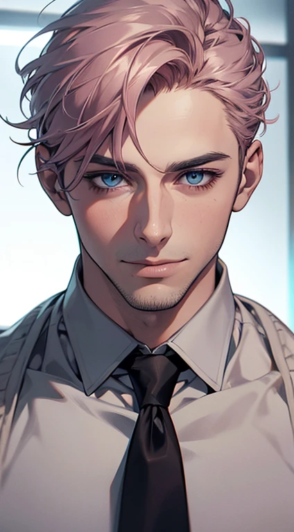 (best quality,4k,8k,highres,masterpiece:1.2),ultra-detailed,(realistic,photorealistic,photo-realistic:1.37),1 man,31 years old,mature man,very handsome,without expression,smile,short grey pink hair,blue eyes,penetrating gaze,perfect face without errors,imposing posture,businessman,office background,cinematic lighting,hdr image