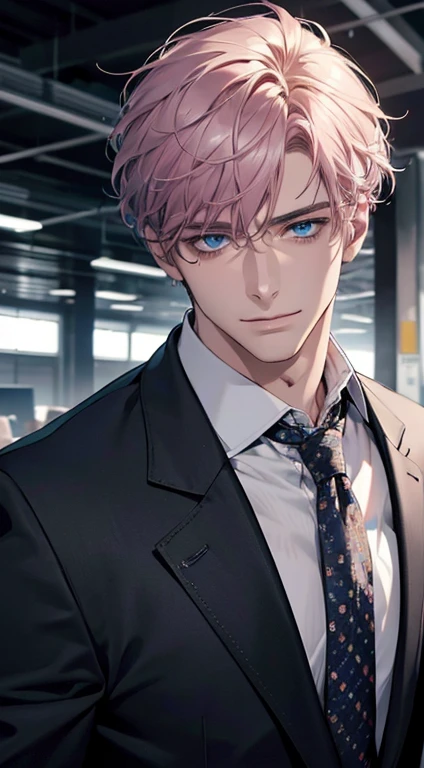 (best quality,4k,8k,highres,masterpiece:1.2),ultra-detailed,(realistic,photorealistic,photo-realistic:1.37),1 man,31 years old,mature man,very handsome,without expression,smile,short grey pink hair,blue eyes,penetrating gaze,perfect face without errors,imposing posture,businessman,office background,cinematic lighting,hdr image
