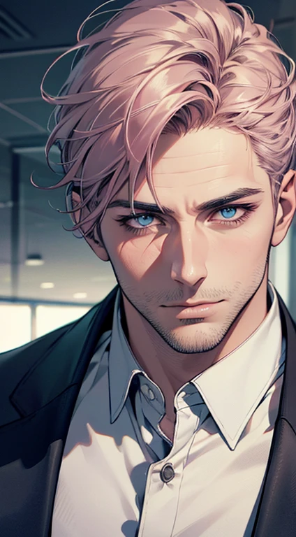 (best quality,4k,8k,highres,masterpiece:1.2),ultra-detailed,(realistic,photorealistic,photo-realistic:1.37),1 man,31 years old,mature man,very handsome,without expression,smile,short grey pink hair,blue eyes,penetrating gaze,perfect face without errors,imposing posture,businessman,office background,cinematic lighting,hdr image