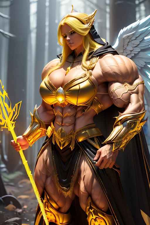 ((((Massive, tall, beautiful, buff, muscular brown skinned woman mage with yellow hair, ginormous bulky muscles, huge angel wings, holding a yellow mage staff and wearing a beautiful hooded black enchanted robe with long long skirt)))), (close-up view), vascular, massive muscle, massive biceps, hyper muscle shoulders, hyper muscle triceps, (flowing long hair), gray eyes, (wearing a long extremely intricate robes, long magical robes), (black mage boots), smirk, black gauntlets, (in a yellow Mystical forest), evening, Vascular arms, hyper vascular arm, hyper muscles arms, hyper muscle legs, massive arms.