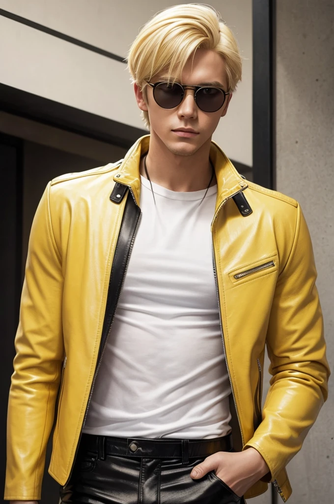 American man with blonde hair/Dorado, short hair, young adult, wearing a pastel yellow leather jacket, white shirt underneath and black leather pants. calm expression, wearing round glasses.