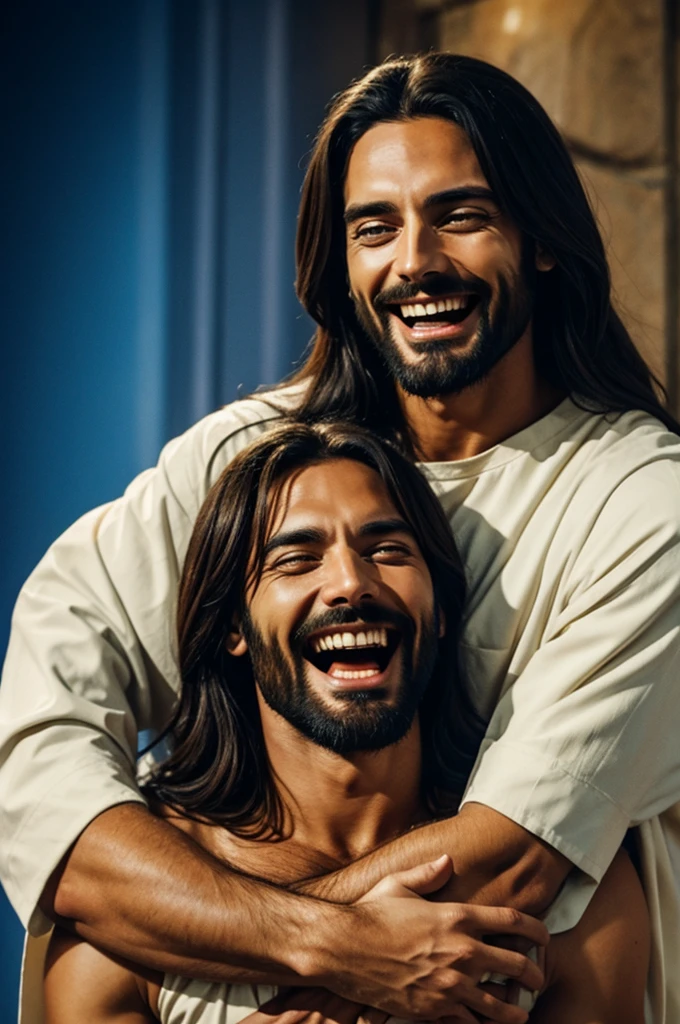 Jesus with an alien hugged laughing