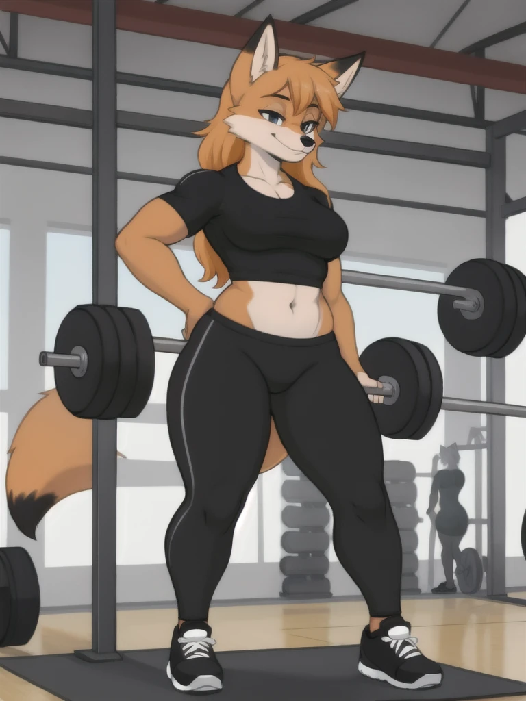 Furry, fox, female, black shirt, black leggings, shoes, gym, teen, standing, full body