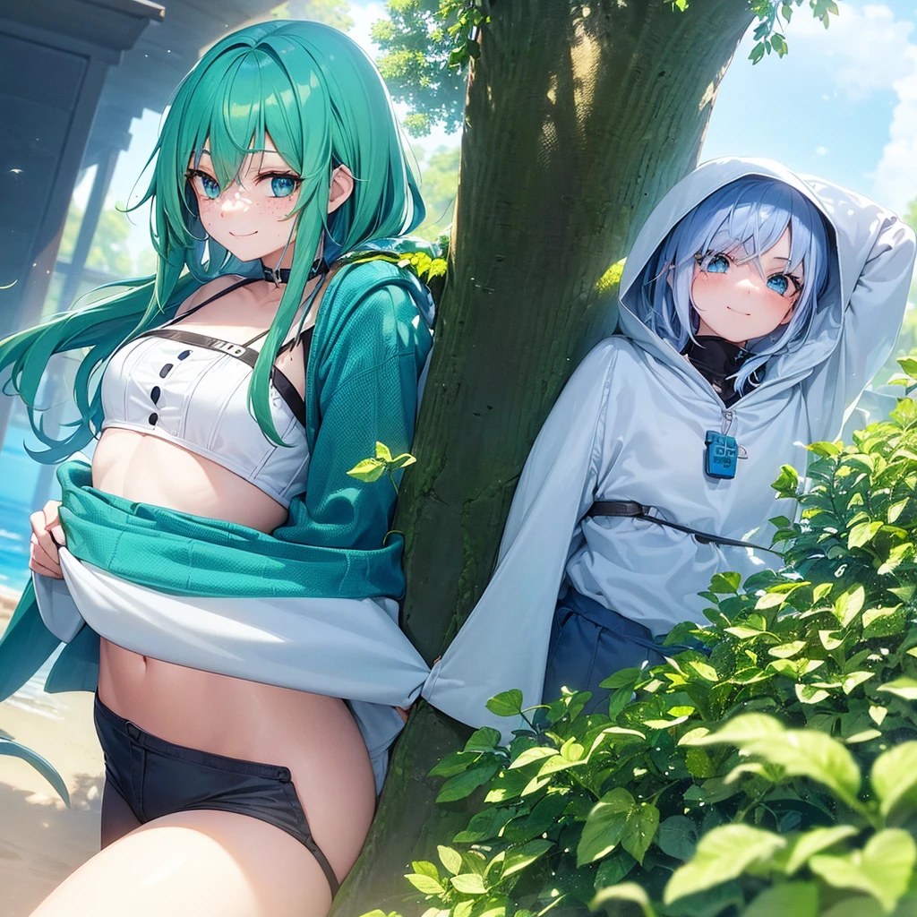 A Boku-style girl without a hero. She has short green and blue hair, she has one green eye and one blue eye that reminds her of nature and the sea. She has a smile and freckles on her white skin.