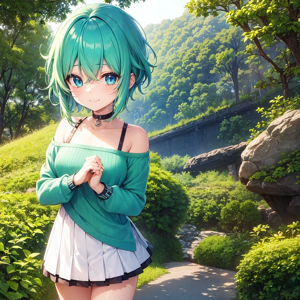 A Boku-style girl without a hero. She has short green and blue hair, she has one green eye and one blue eye that reminds her of nature and the sea. She has a smile and freckles on her white skin.