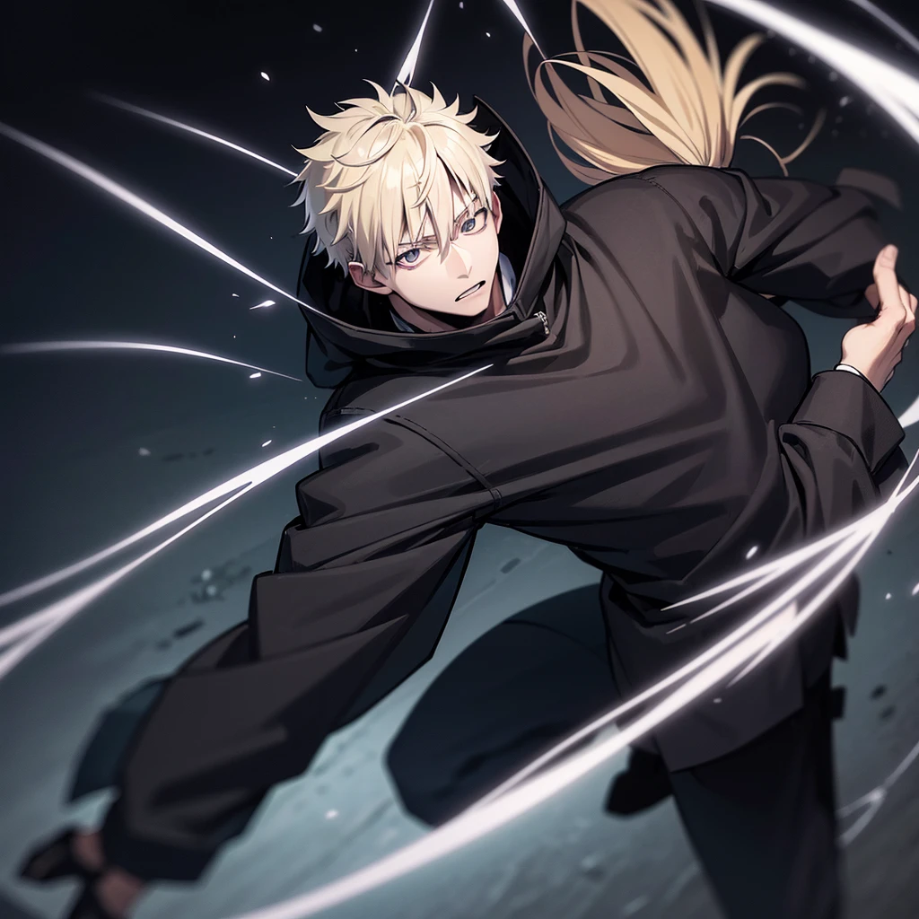 one japanese man, blonde hair with a black streak, grey eyes, wearing a black parka, jujutsu kaisen background, high res, ultrasharp, masterpiece, jujutsu kaisen style