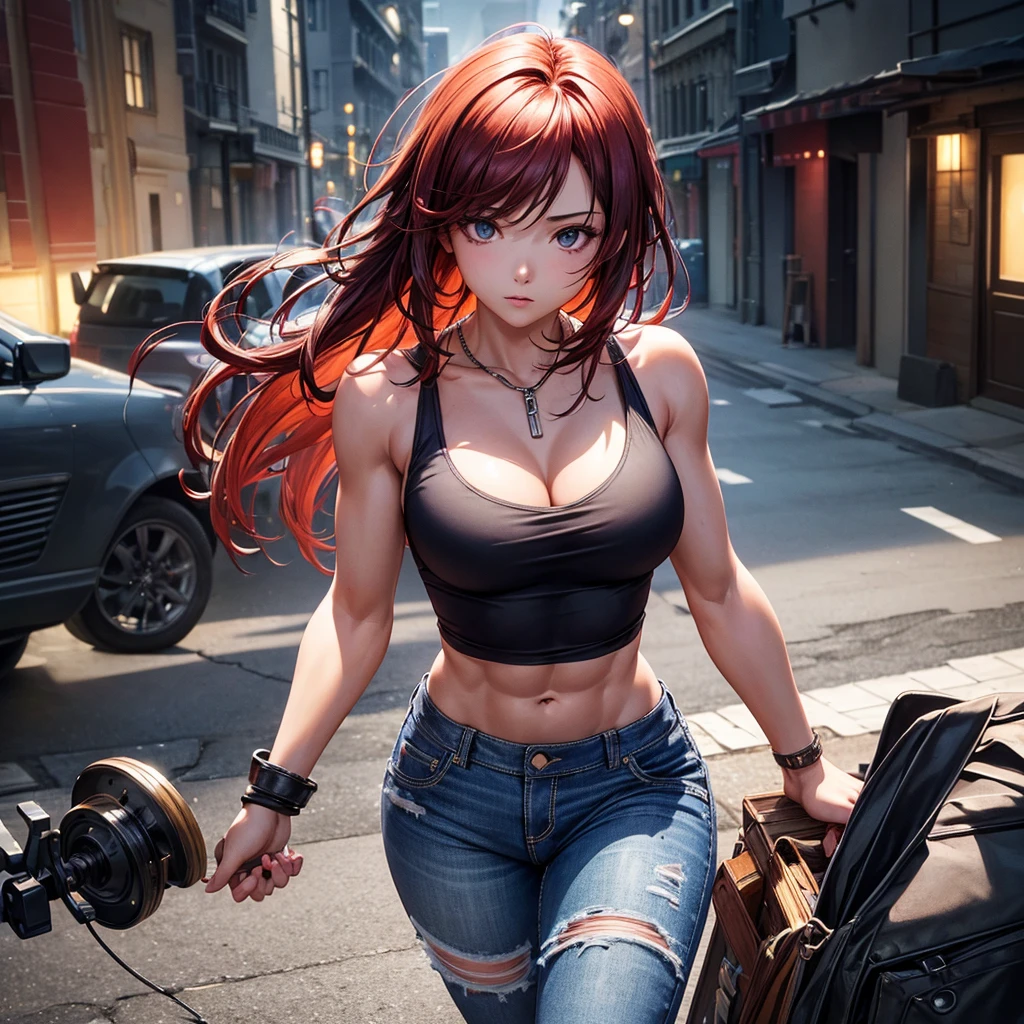 girl,((big chest, wide, small head)), light, light de sol, (Well defined abs: 1.1), (perfect body: 1.1), (wide ondulado: 1.2), Red hair, neck, chain, Full body photo, Street in poor condition, wearing a black tank top, denim jacket, ((Bermuda)), (extremely detailed CG 8k wallpaper), (extremely delicate and beautiful), (Masterpiece), (Best Quality: 1.0), (ultra resolution: 1.0), beautiful lighting, perfect lightning, realistic shadows, [high resolution], detailed skins, ultra detailed
