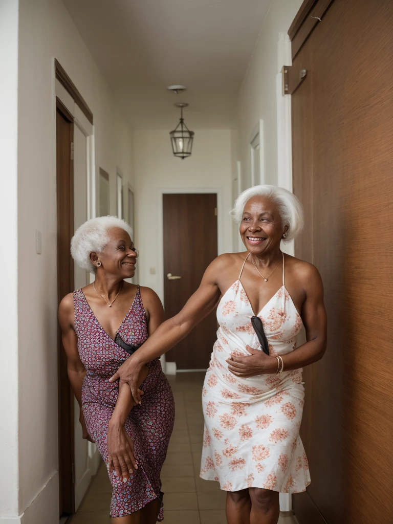 Androeda, solo, realistic, black girl, ((85-year-old girl)), ((mature)), ((old woman)), ((wrinkled woman)), african american old woman, old black woman, dark-skinned, (((upper body and upper legs))), ((outside city park)), ((wide shot)), smiling, wearing white wrap dress, white hair
