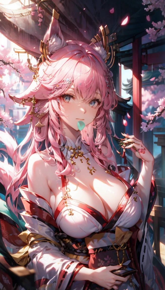 yae Miko, 1 girl, \n/, animal ears,  shoulders, Blush, , cherry blossoms, gag, arms separated, earring, flower, fox ears, gem, hair between the eyes, decorationsผม, Raise your hand, Japanese clothes, decorations, kimono, long hair, look at viewer, medium , Miko, nontraditional Miko, pink eyes, pink flower, pink hair, purple gemstone, short kimono, Side lock, smile, alone, upper body, white kimono, ((Masterpiece))