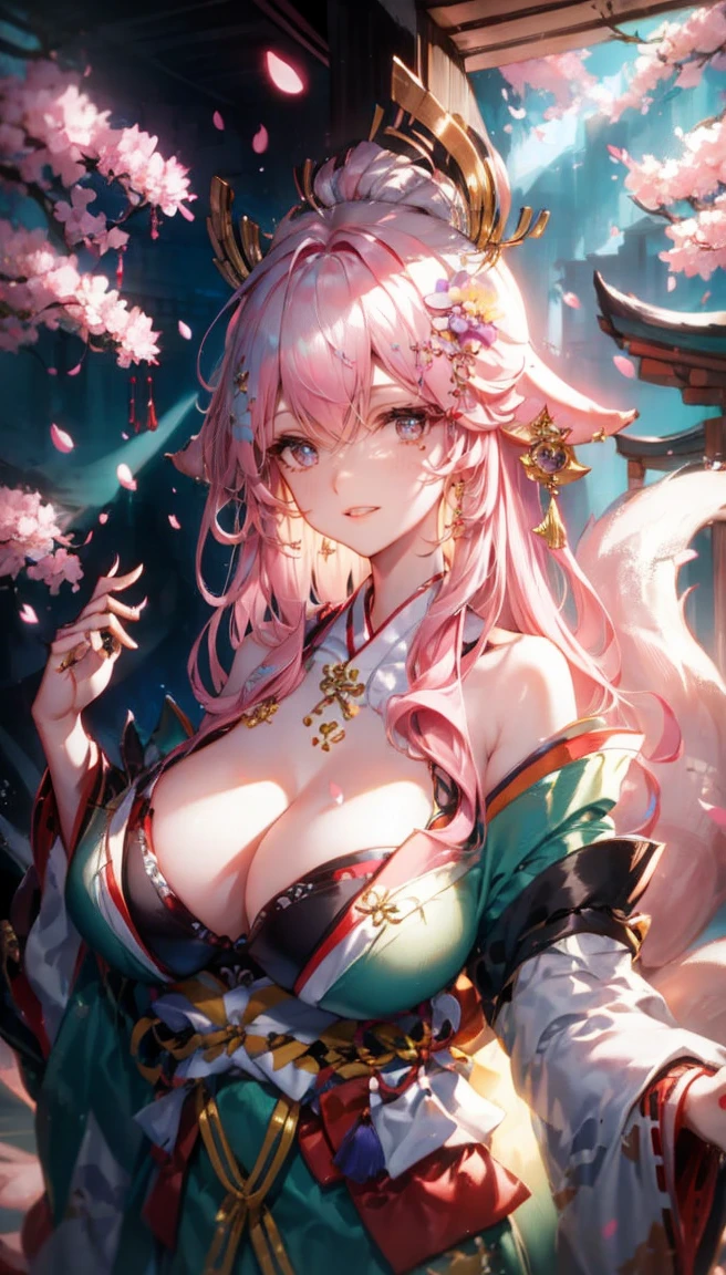 yae Miko, 1 girl, \n/, animal ears, bare shoulders, Blush, chest, cherry blossoms, gag, arms separated, earring, flower, fox ears, gem, hair between the eyes, decorationsผม, Raise your hand, Japanese clothes, decorations, kimono, long hair, look at viewer, medium chest, Miko, nontraditional Miko, pink eyes, pink flower, pink hair, purple gemstone, short kimono, Side lock, smile, alone, upper body, white kimono, ((Masterpiece))