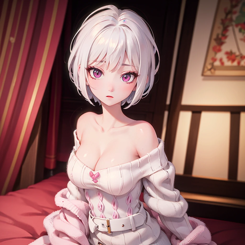 ((best quality)), ((masterpiece)), (detailed), 1girl, off-shoulder sweater, white hair. Short hair. Pink eyes. Cleavage. 