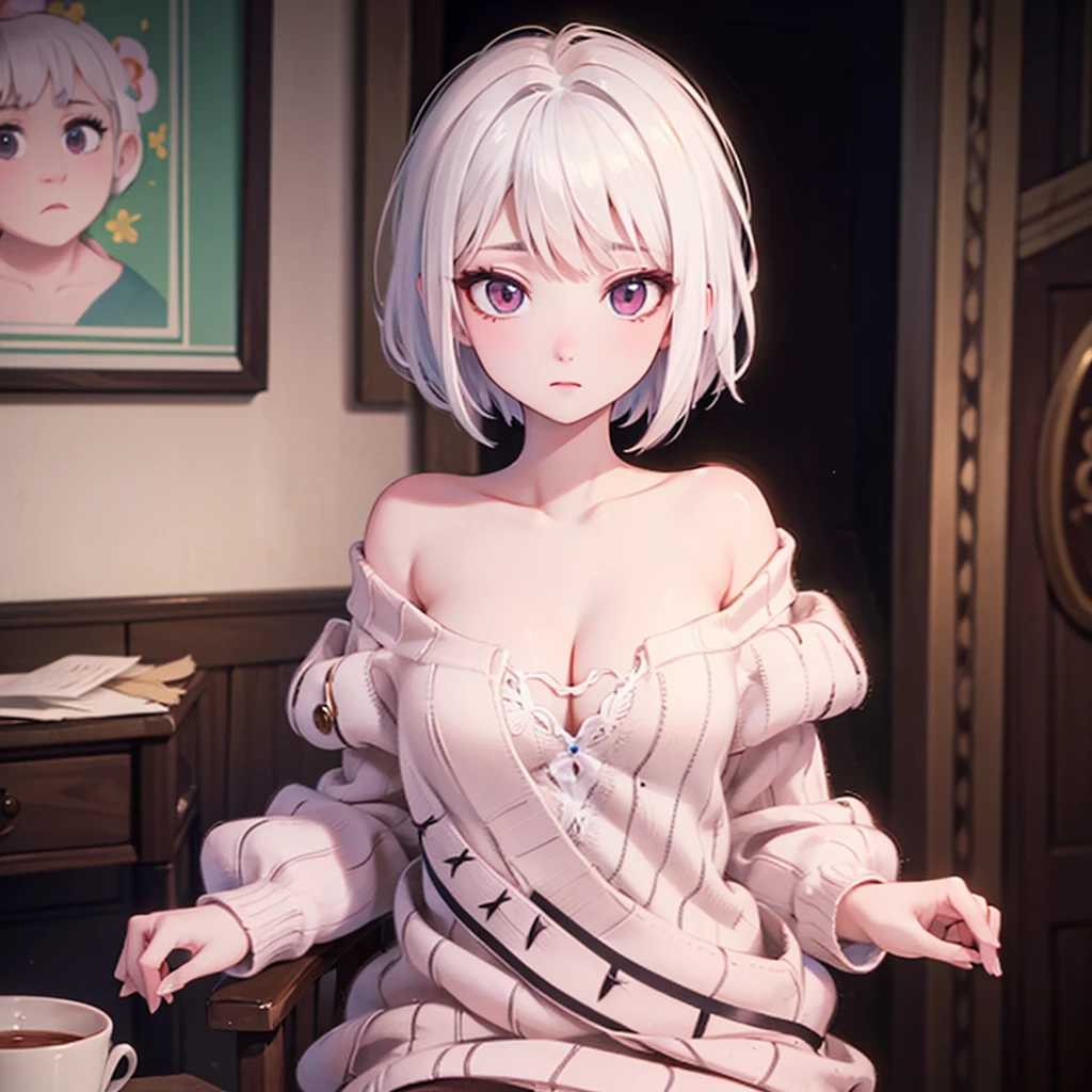 ((best quality)), ((masterpiece)), (detailed), 1girl, off-shoulder sweater, white hair. Short hair. Pink eyes. Cleavage. 