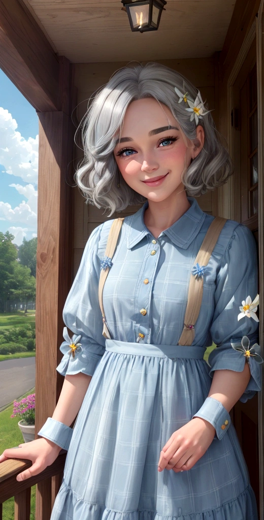 Lily's kind grandfather, George, joins her on the porch. George, an older man with short gray hair and warm brown eyes, wears a checkered shirt and jeans. He smiles warmly at Lily, who has long blond hair, sparkling blue eyes, and wears a light blue dress adorned with small flowers. (good quality:1.2), (Ultradetailed:1.2), (ultradetailed face:1.2), (ultradetailed body:1.2)