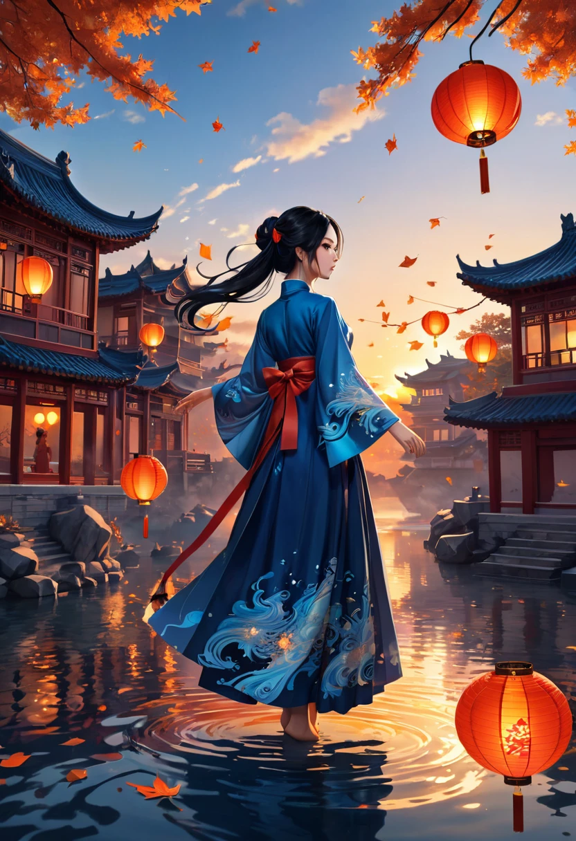 official art, unity 8k wallpaper, ultra detailed, beautiful and aesthetic, masterpiece, best quality, (Fire, water, ribbon, paper cutting), (fractal art:1.3) 1girl,building, (solo:1.5), chinese_clothes, sky, outdoors, wide_sleeves, black_hair, sunset, (falling_leaves:1.2), antern, (paper_lantern:1.5),blue sky, (outdoors:1.5),hanfu, (rainbow-candy:0.8), (style-swirlmagic:0.8),