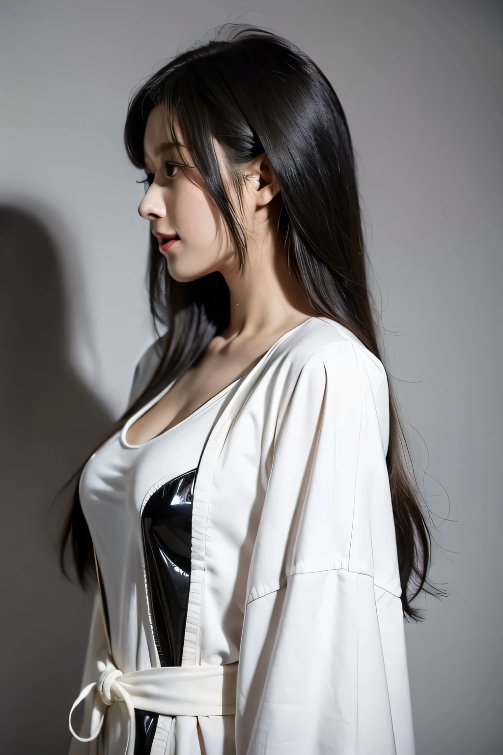 There is a man in futuristic clothing, Girl in mecha network armor, Armored Portrait , Perfect anime robot woman, Female Mecha, girl wearing robotic suit, Cute girl, beautiful girl, cosplayer, Japan, Perfect woman, Portrait Anime Girl, The beautiful girl color is white and the background is plain mechanical elements body robot neck mecha neck mechanical elements neck side face full side face full side face side view mecha element mecha element mecha costume real person portrait side face full side face Complete side view, side view, hair exposed, long black hair, doctor robe, mecha body