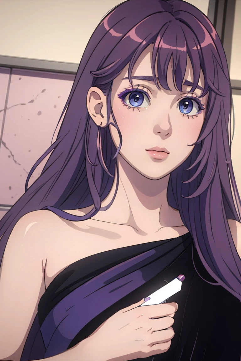 photorrealistic, Lip gloss, Realistic, best quality, Ultra high resolution, DeepL, pastel colored, natural shading, facefocus, just the face, Looking at the Viewer, long  hair, purple hair, pretty detailed eyes, black gown, mitts, anatomically correcte