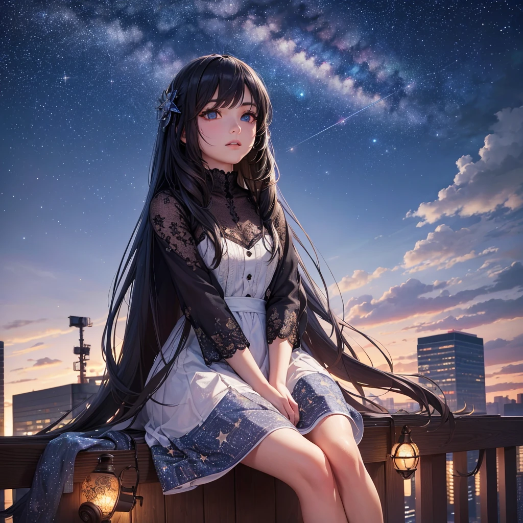a detailed portrait of a girl sitting outdoors at night, looking up at the starry sky with the milky way, surrounded by a night cityscape with buildings silhouetted against the night sky, long hair, (best quality,4k,8k,highres,masterpiece:1.2),ultra-detailed,(realistic,photorealistic,photo-realistic:1.37),extremely detailed eyes and face,beautiful detailed eyes,beautiful detailed lips,longeyelashes,octans,sky,stars,scenery,starry night,night,1girl,night sky,solo,outdoors,building,cloud,milky way,sitting,tree,city,cityscape