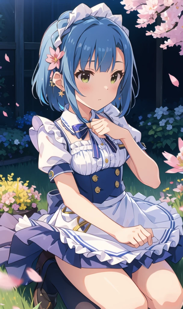 yuriko nanao (million live), (best quality, 8K, masterpiece, ultra detailed:1.2), cinematic angle,
flowery meadow, sparkle, light particles, garden,
1girl, solo, maid, maid headdress, apron, weapon, earring, cute, floating petals, lily hair ornament, staning, skirt lift, cherry blossoms,