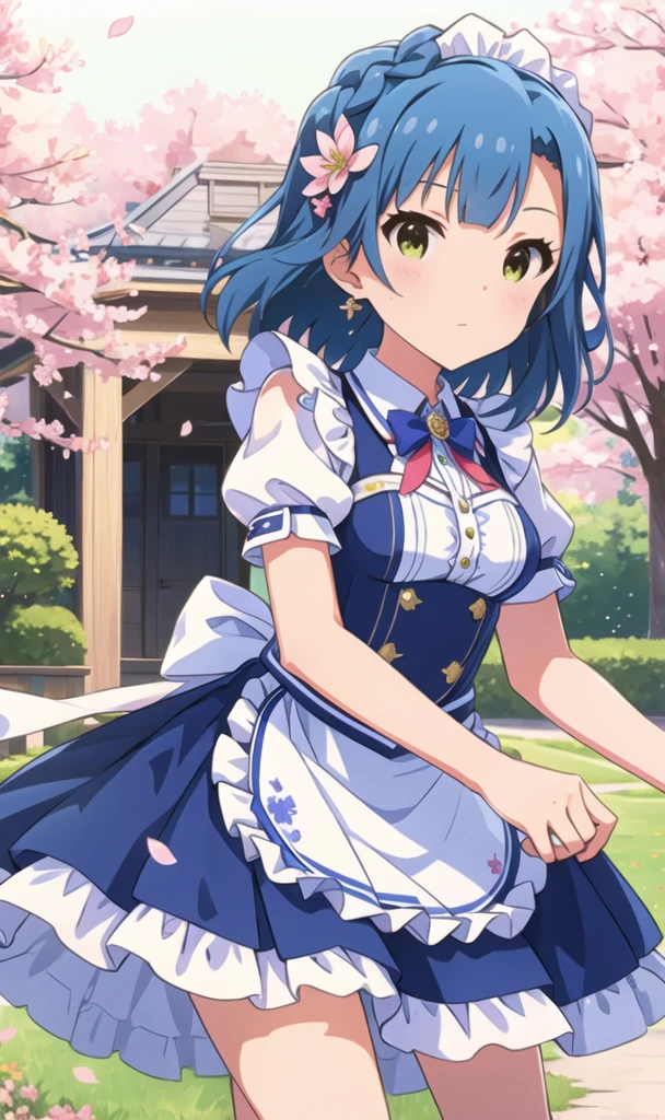 yuriko nanao (million live), (best quality, 8K, masterpiece, ultra detailed:1.2), cinematic angle,
flowery meadow, sparkle, light particles, garden,
1girl, solo, maid, maid headdress, apron,  weapon, earring, cute, floating petals, lily hair ornament, staning, skirt lift, cherry blossoms,