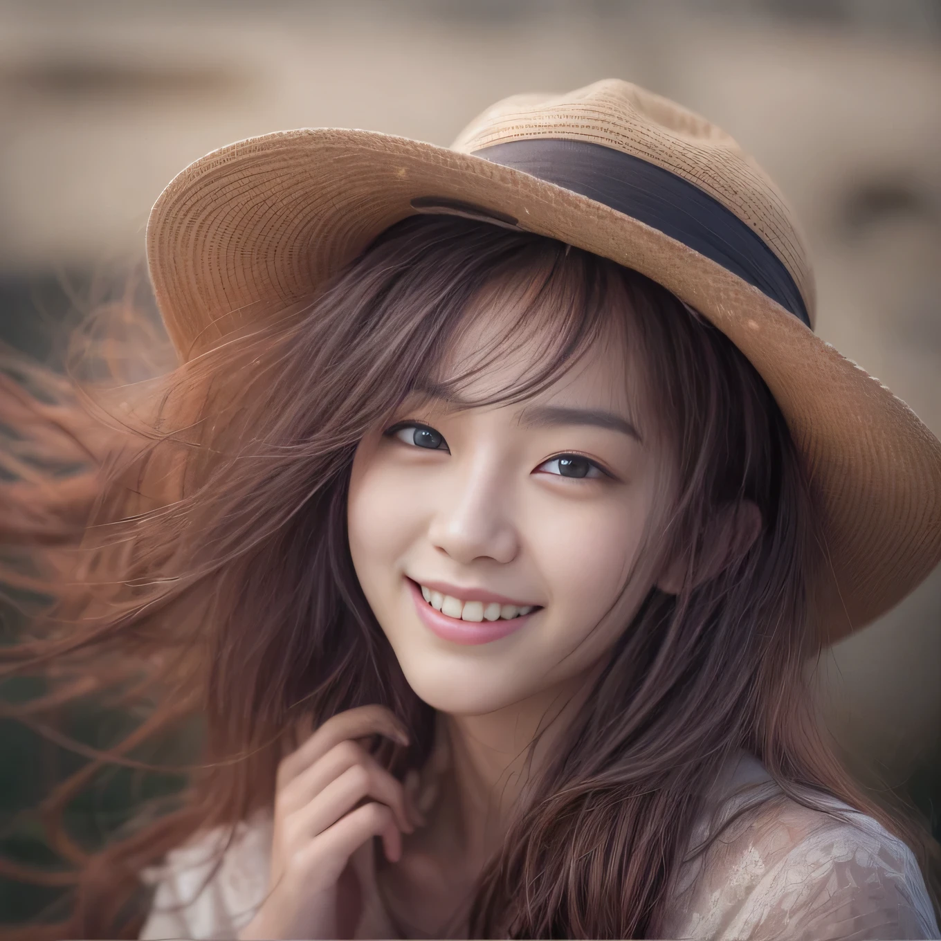 8k, RAW photo, best quality, masterpiece, realistic, photo-realistic, clear, professional lighting, beautiful face, best quality, ultra high res,
BREAK
a woman wearing a hat and smiling for the camera with her hands on her head and her hair in the wind, girl, dau-al-set , a stock photo, Fan Qi