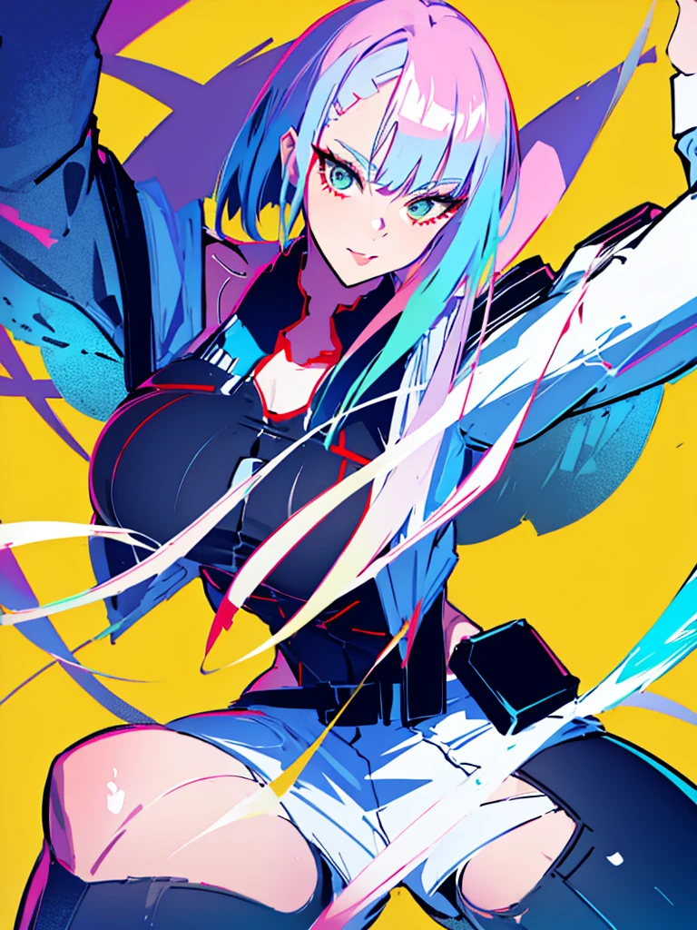 1girl,realistic,short hair,green eyes,empty eyes,purple hair,gigantic breast, uniform,sailor suit,skirt,extremely detailed eyes and face,longeyelashes,beautiful detailed lips,masterpiece,upper body,blue background,lucy \(cyberpunk\)