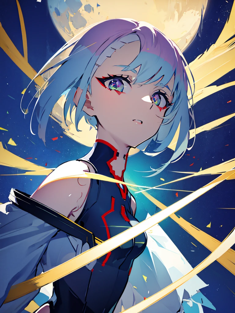 1girl,realistic,short hair,green eyes,empty eyes,purple hair,gigantic breast, uniform,sailor suit,skirt,extremely detailed eyes and face,longeyelashes,beautiful detailed lips,masterpiece,upper body,blue background,lucy \(cyberpunk\)