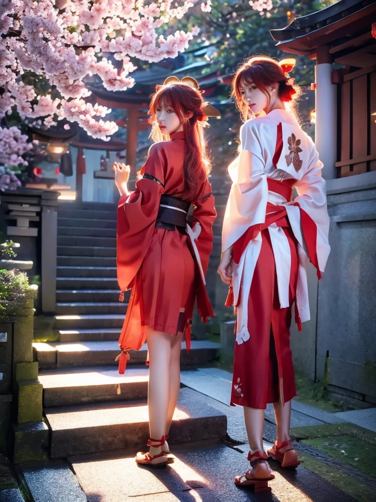 ((masterpiece,best quality)),2girls, black kimono, black legwear, black ribbon, black hair, cherry blossoms, day, flower, hair bun, hair ribbon, japanese clothes, kimono, long hair, looking at viewer, looking back , multiple girls, belts, outdoors, red eyes, red hair, ribbon, sandals, single bun, stairs, standing, statue, torii, tree, white kimono, yellow eyes