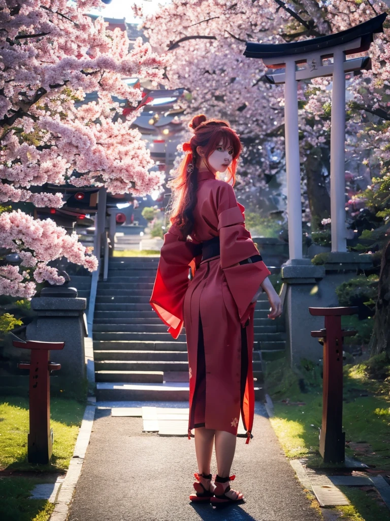 ((masterpiece,best quality)),2girls, black kimono, black legwear, black ribbon, black hair, cherry blossoms, day, flower, hair bun, hair ribbon, japanese clothes, kimono, long hair, looking at viewer, looking back , multiple girls, belts, outdoors, red eyes, red hair, ribbon, sandals, single bun, stairs, standing, statue, torii, tree, white kimono, yellow eyes