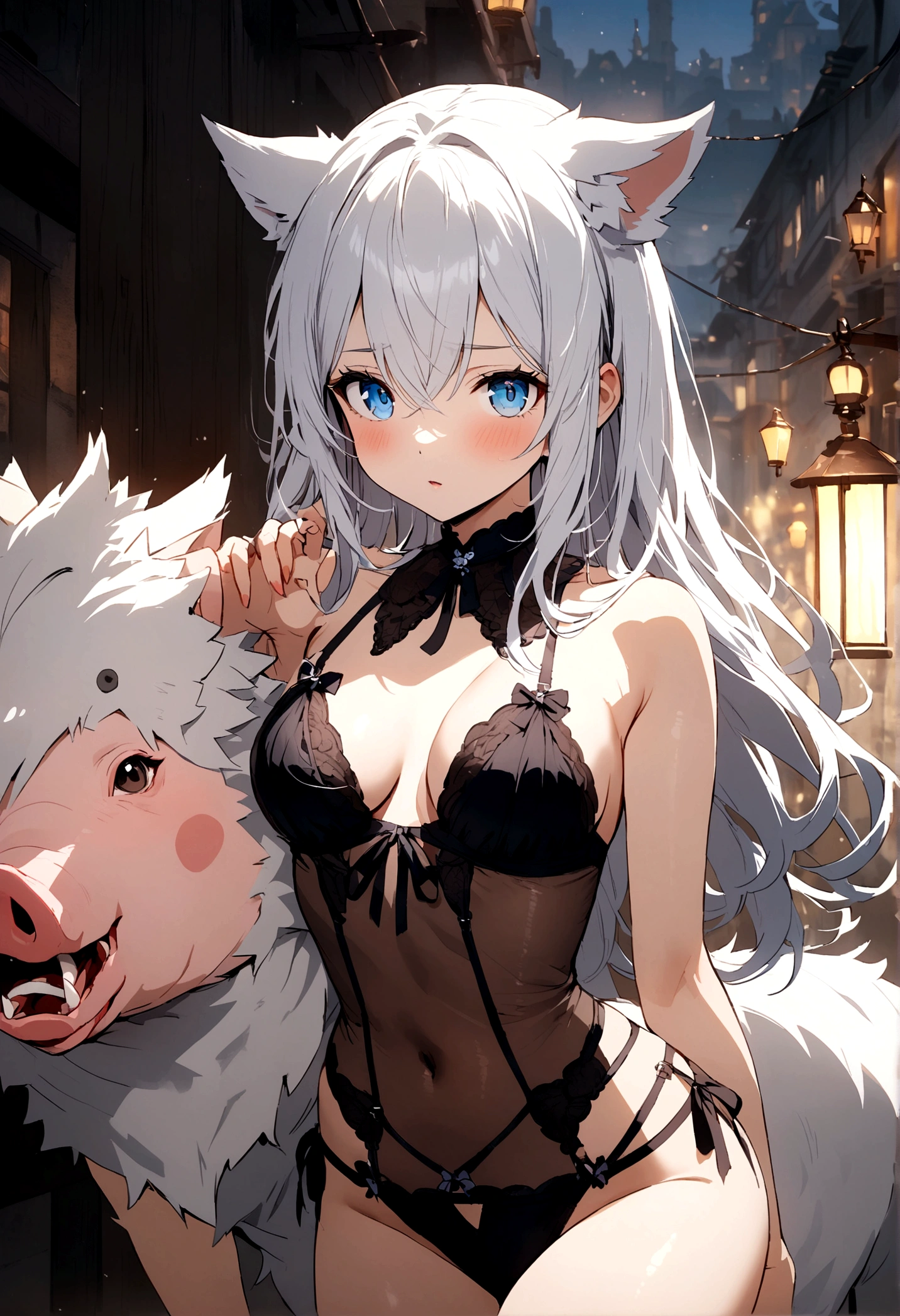 , white head, blue eyes, wolf pig, Wear sexy lingerie.