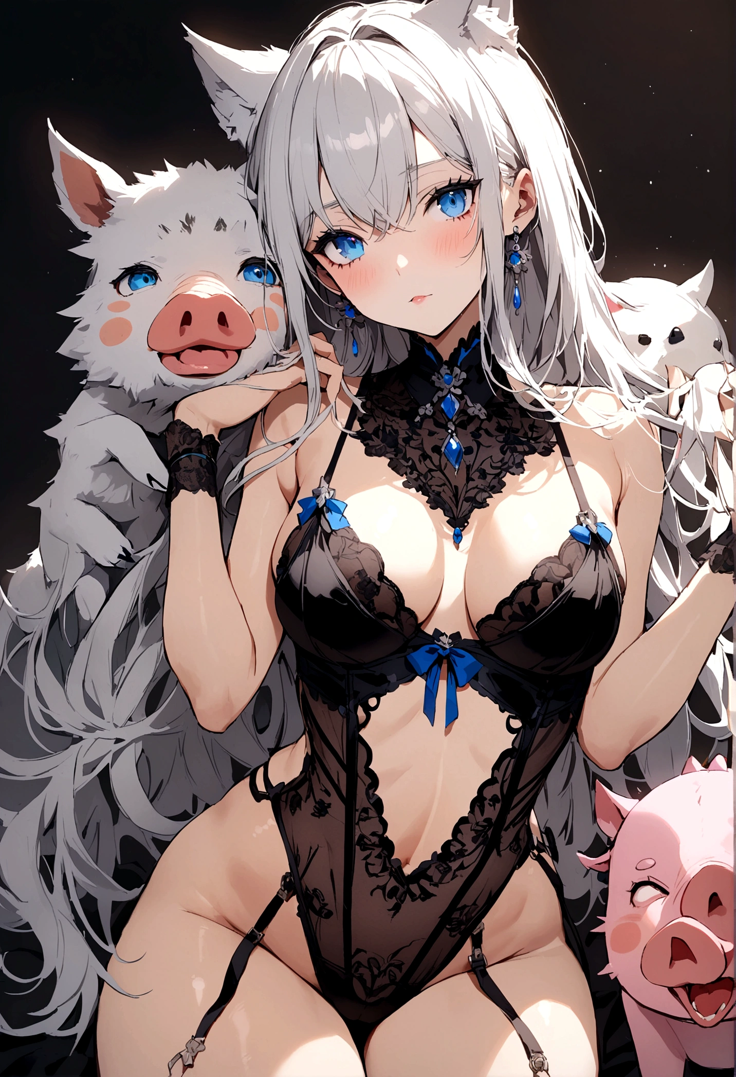 , white head, blue eyes, wolf pig, Wear sexy lingerie.