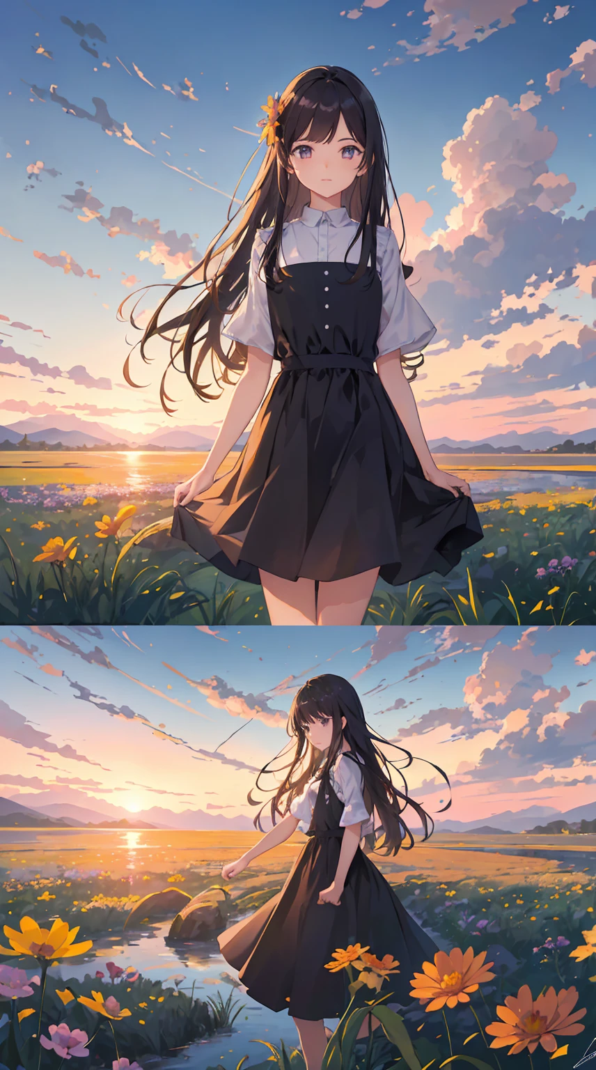 sunset, lake, flower fields,
meadows, bright sun, blue sky, stars, big clouds, 4k, stunning, sharp, intricate details, (high resolution: 1.5), saturated, plants in water flowers, more land less water, tall grass, detailed plants and trees