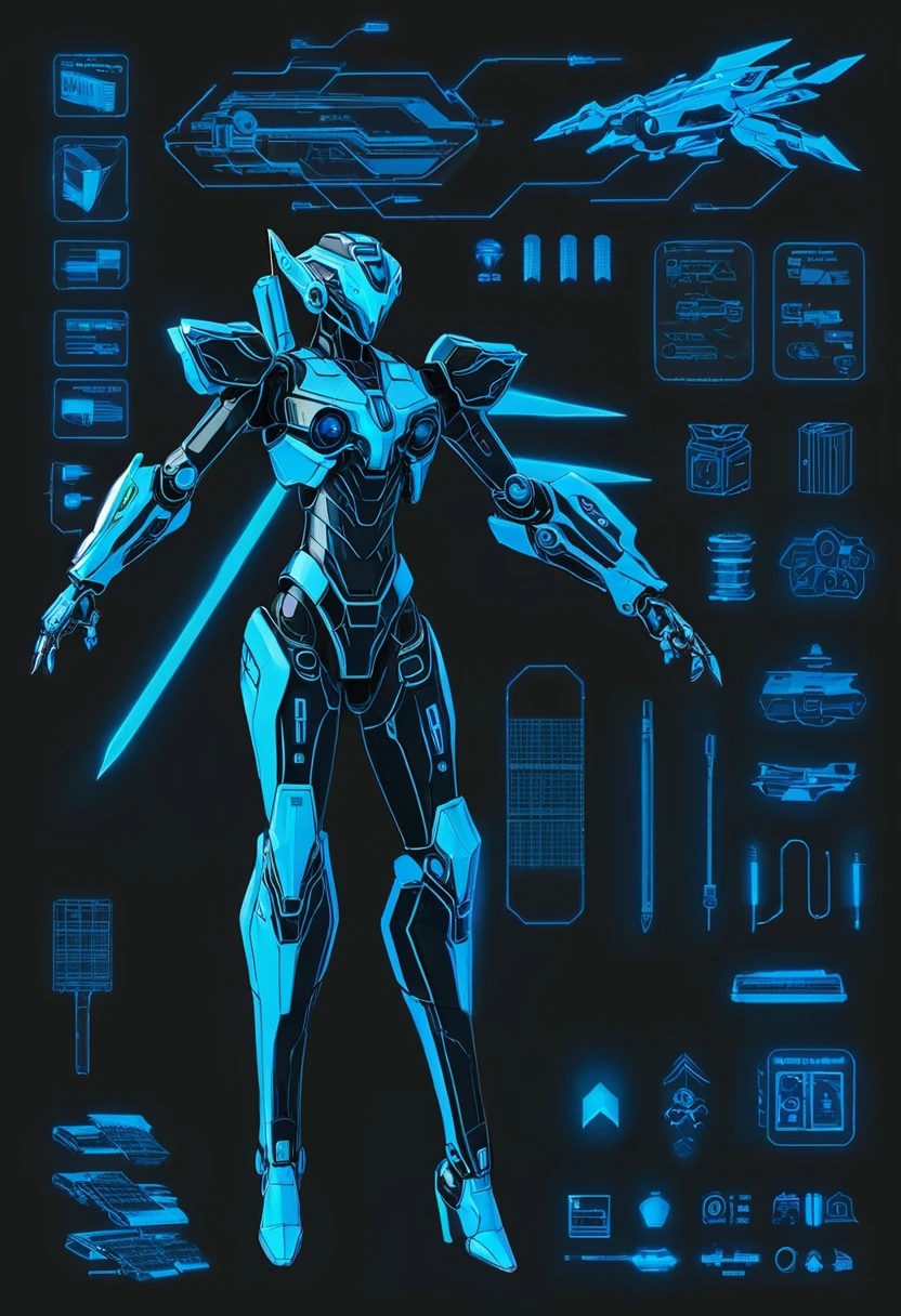 full body hacker neon blue details, highlighting circuits and components, delegate mecha, neon daggers, mecha helmet with visor, light and flexible mecha armor with binary codes, long and thin mecha arm with metallic fingers, robust and articulated mecha pears with retractable thrusters, mecha with digital camouflage cloak,