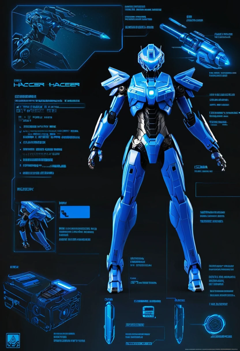full body hacker neon blue details, highlighting circuits and components, delegate mecha, neon daggers, mecha helmet with visor, light and flexible mecha armor with binary codes, long and thin mecha arm with metallic fingers, robust and articulated mecha pears with retractable thrusters, mecha with digital camouflage cloak,