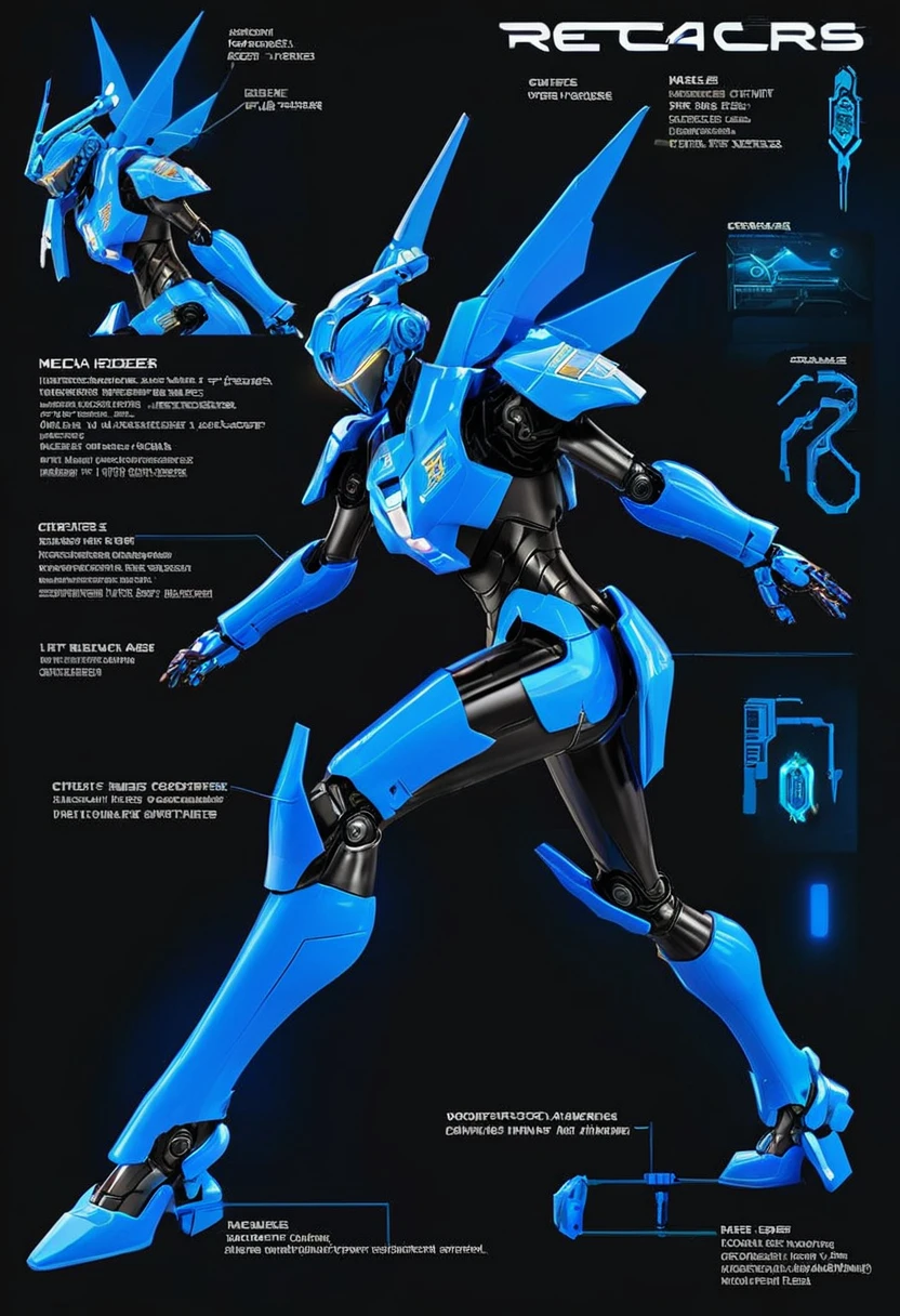 full body hacker neon blue details, highlighting circuits and components, delegate mecha, neon daggers, mecha helmet with visor, light and flexible mecha armor with binary codes, long and thin mecha arm with metallic fingers, robust and articulated mecha pears with retractable thrusters, mecha with digital camouflage cloak,