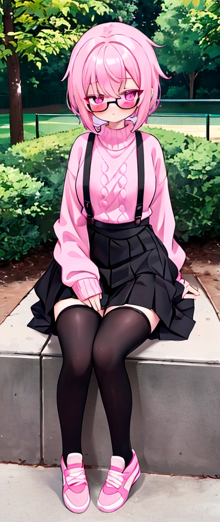 pink hair, black glasses, pink eyes, extremely blushing, a big pink sweater, a short black skirt with suspenders, some running around the waist, black stockings, white tennis shoes, a reserved girl who is sitting in a park