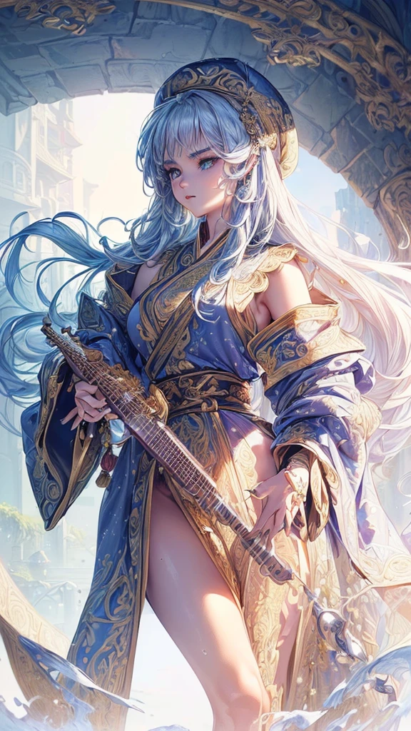 ((highest quality)), (ultra high resolution), (Super detailed), (detailed description), ((best CG)), (best work of art), super precision art, amazing drawing art, (Fantasy art with precise details:1.5), (Female musician:1.5), (beautiful and well-shaped face:1.6), (Intricately detailed robe:1.5), (carefully groomed hair:1.4), (sharp beret:1.2), A guitar that is shaped like an axe, A stage with a spotlight 