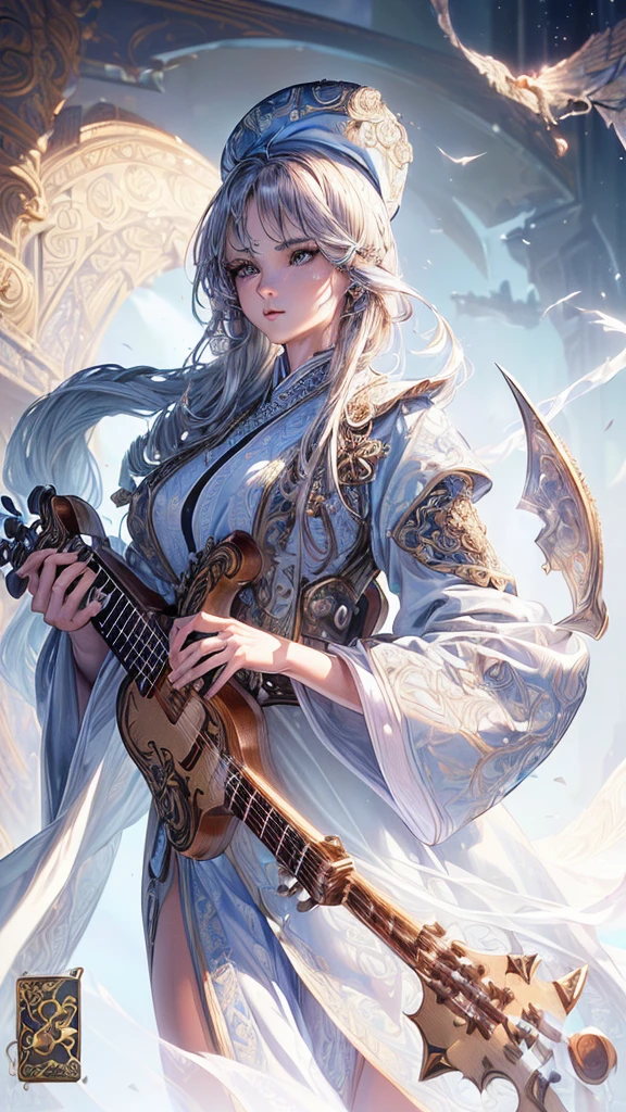 ((highest quality)), (ultra high resolution), (Super detailed), (detailed description), ((best CG)), (best work of art), super precision art, amazing drawing art, (Fantasy art with precise details:1.5), (Female musician:1.5), (beautiful and well-shaped face:1.6), (Intricately detailed robe:1.5), (carefully groomed hair:1.4), (sharp beret:1.2), A guitar that is shaped like an axe, A stage with a spotlight
