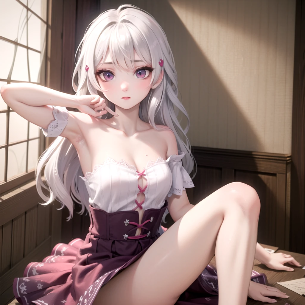 ((best quality)), ((masterpiece)), (detailed), 1girl, white hair. Long hair. Pink eyes. Off shoulder sweeter. Bottomless. Hairy. Armpit.