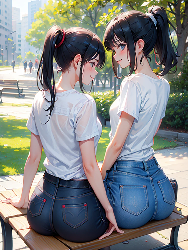 ((sitting on a park bench))、Eating a sandwich、((Accentuate your butt))、smile、Black Hair、ponytail、White T-shirt、denim