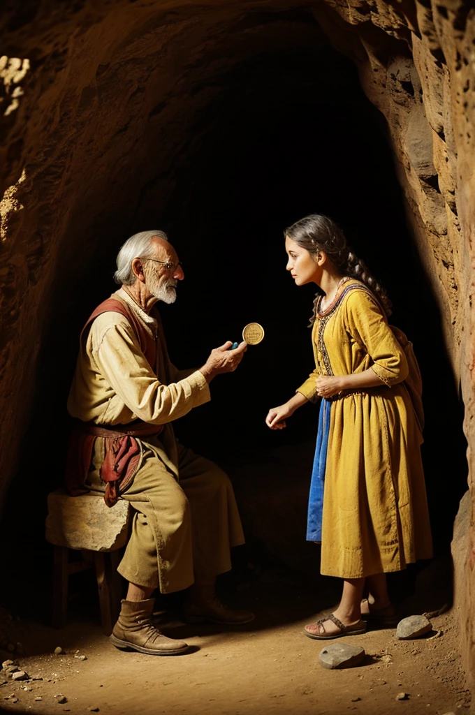 In a cave an old man gives a gold coin to a peasant girl
